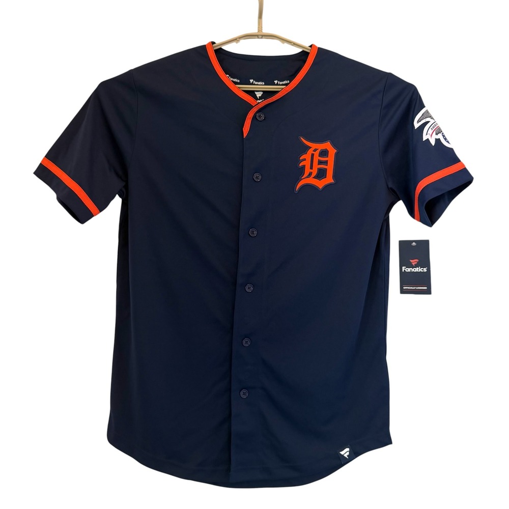 Fanatics Detroit Tigers MLB Baseball Jersey Mens Medium Navy Blue Orange NEW